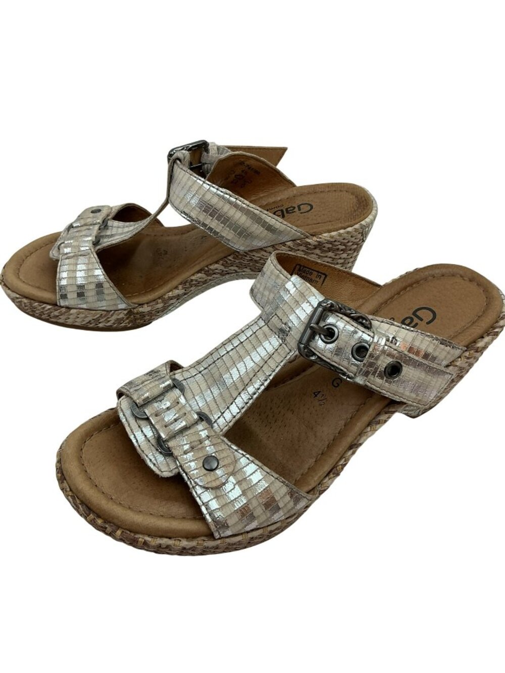 Gabor Shannon Metallic Leather Buckle Strap Wedge Sandals Womens 6.5 Taupe Silve
